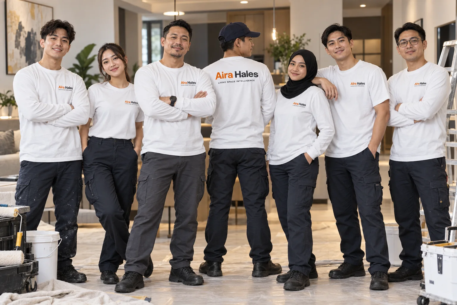 The Aira Hales field team in their white branded uniforms