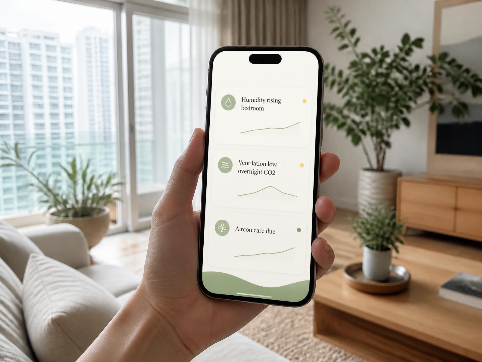A phone showing Pico X Health Aira Sense alerts for rising bedroom humidity, low overnight ventilation and aircon care due