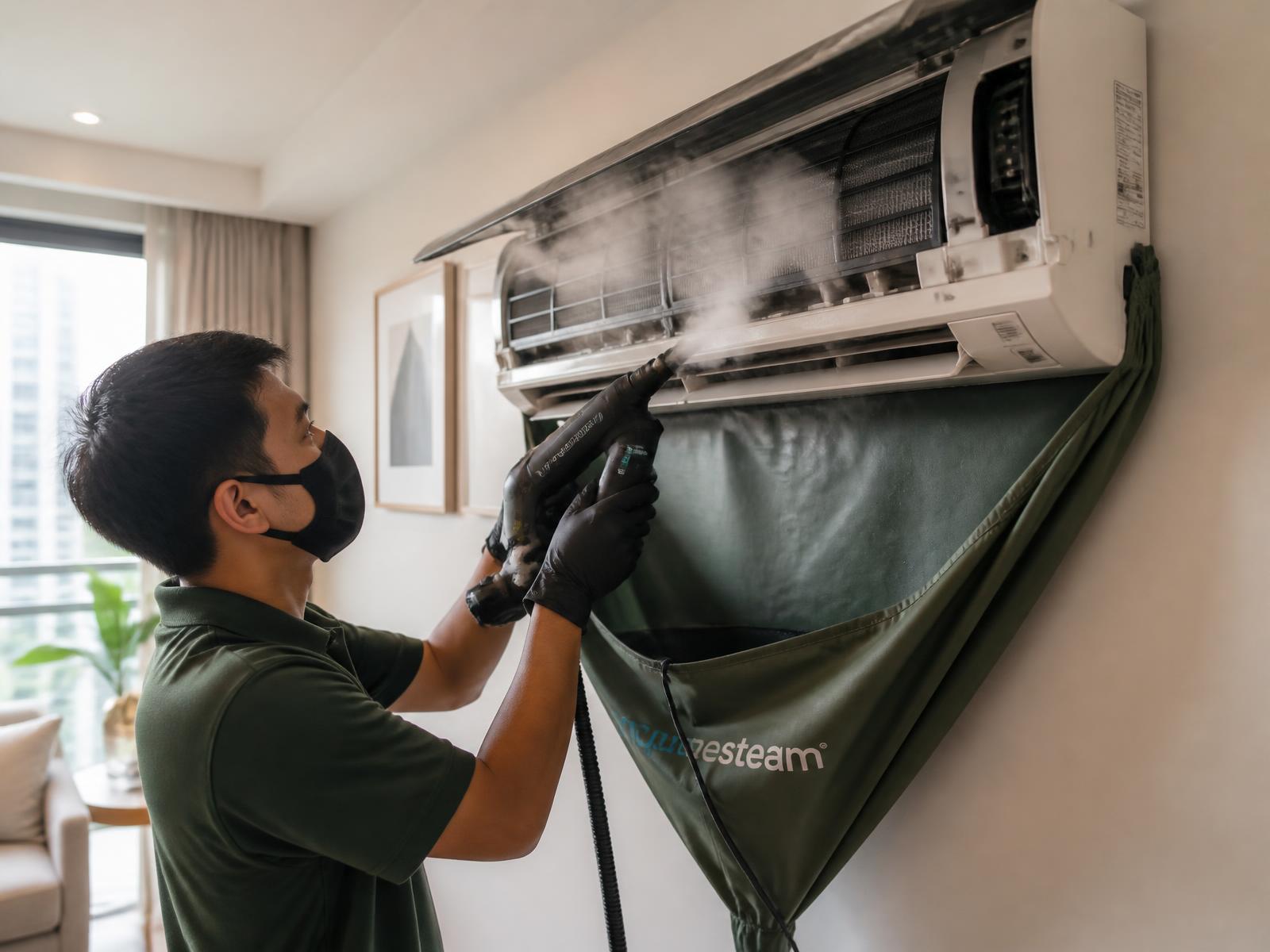 A Pico X Health specialist servicing a wall-mounted air conditioner with PureSteam technology