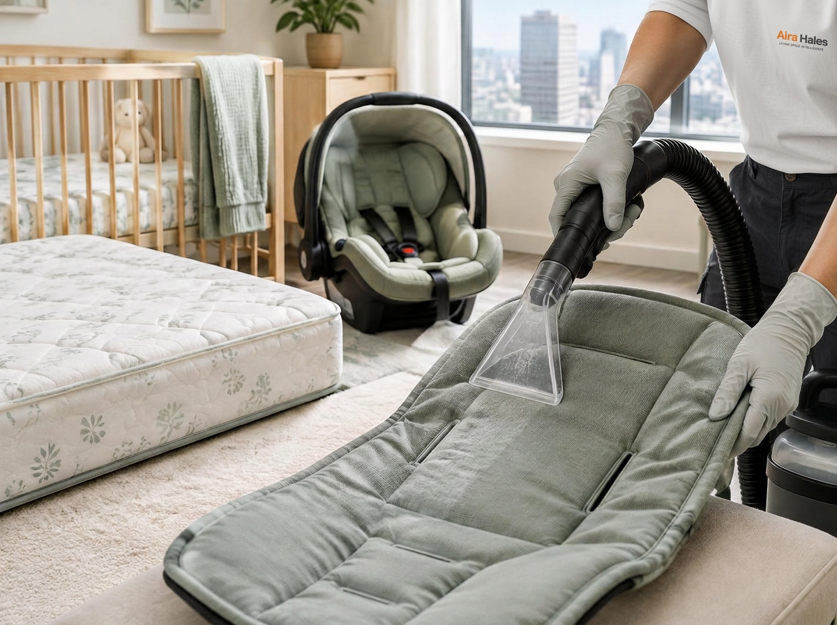 A Pico X Care specialist extracting a pram liner beside a cot mattress and baby car seat