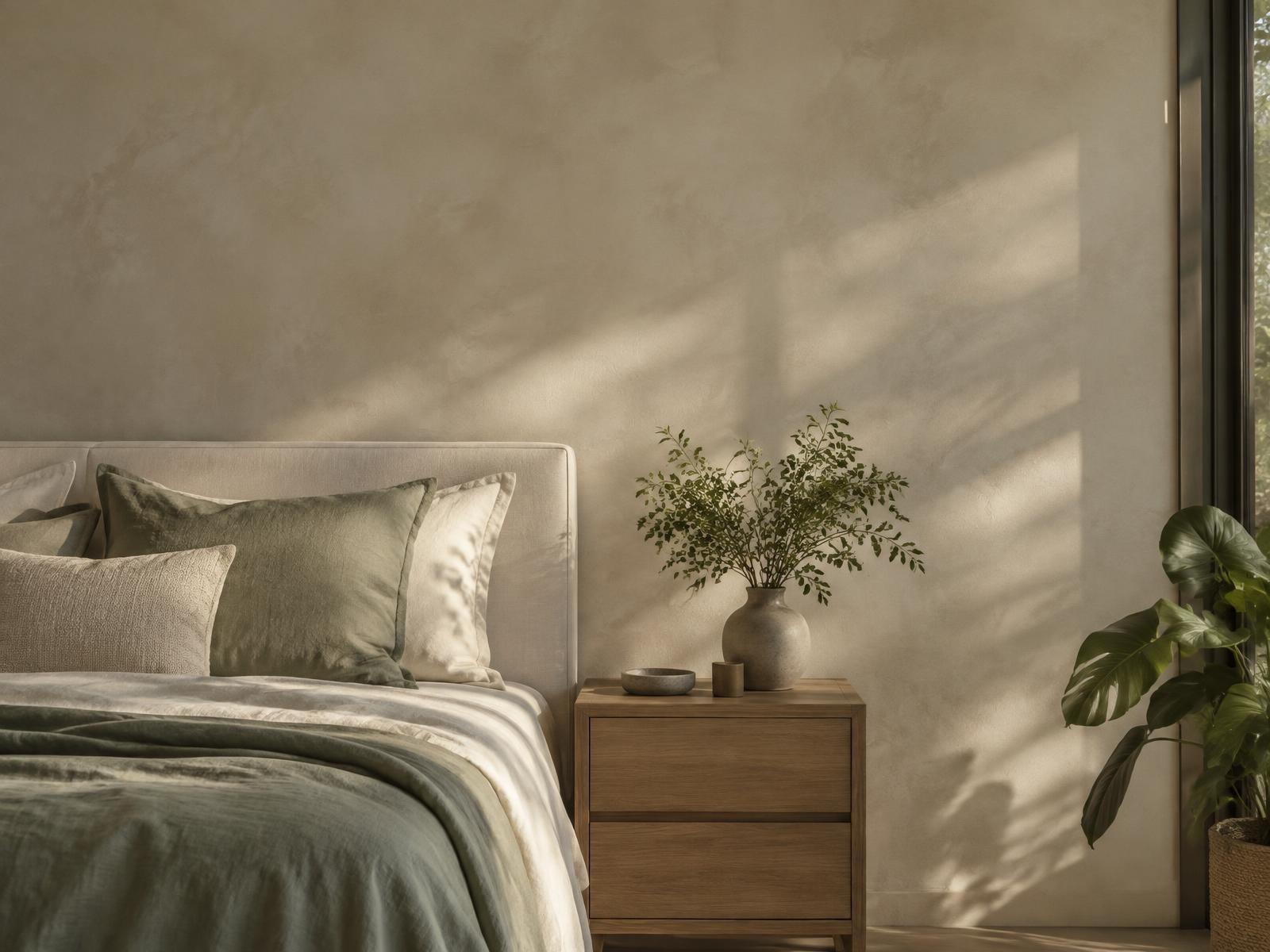 Soft morning light on a restful warm-neutral bedroom wall reflecting Pico X Health colour wellness guidance