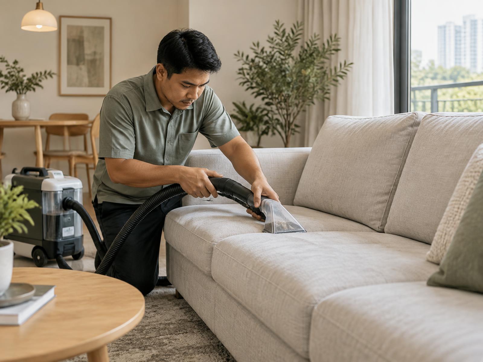 A Pico X Health specialist providing Pico X Care extraction on a fabric sofa