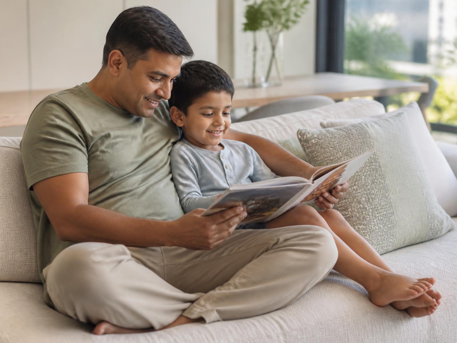 A parent and child reading on a sofa refreshed through Pico X Health's Pico X Care service