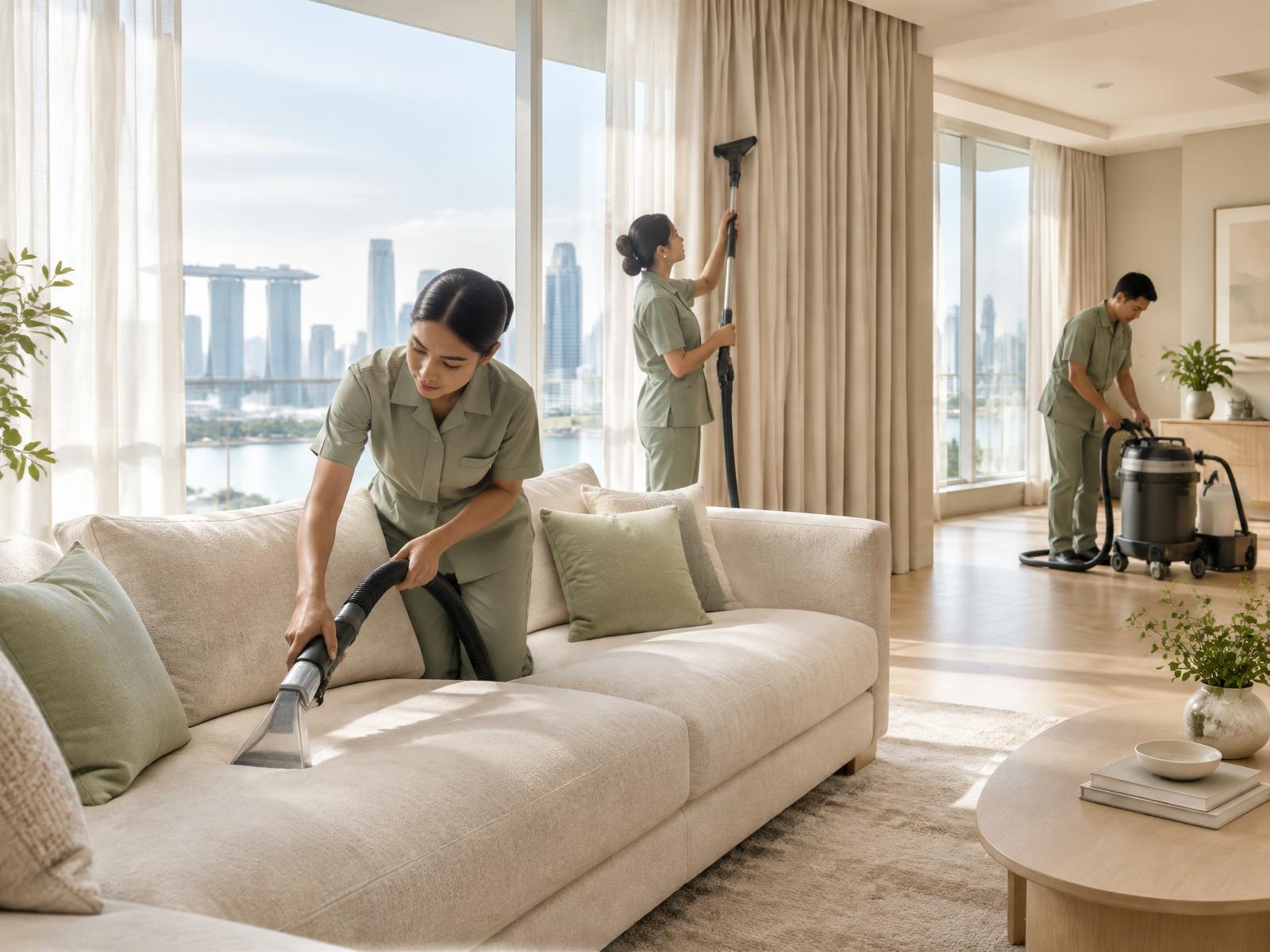 A three-person Pico X Health team providing Pico X Care for a fabric sofa and hanging curtains