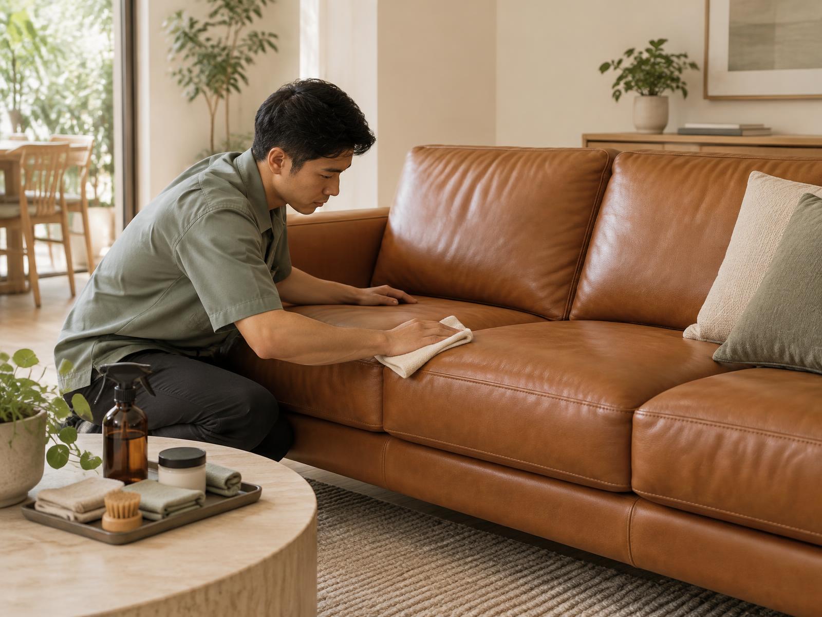 A Pico X Health specialist providing Pico X Care cleaning and polishing on a leather sofa