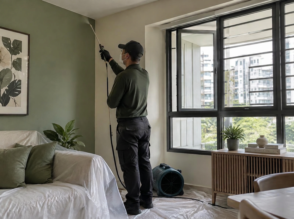 Contained mould treatment of a wall and ceiling corner in an occupied Singapore home by Pico X Health