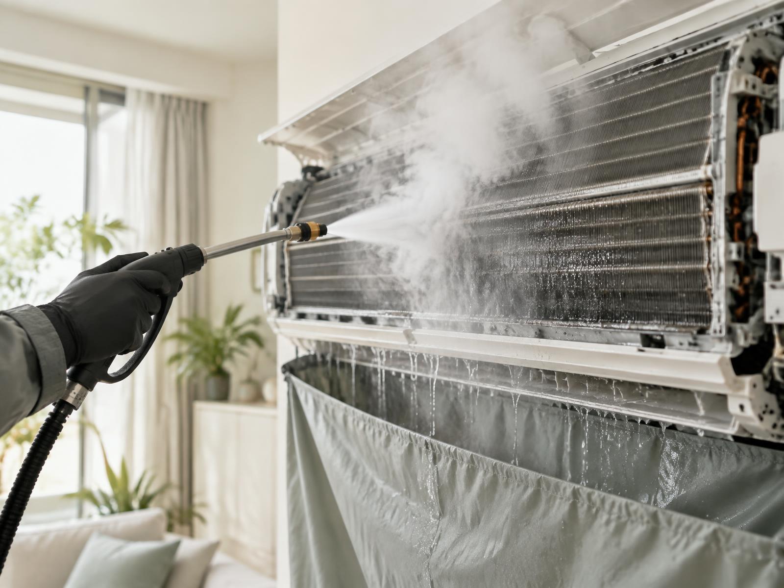 Pico X Health PureSteam high-pressure steam lifting residue from exposed aircon evaporator fins