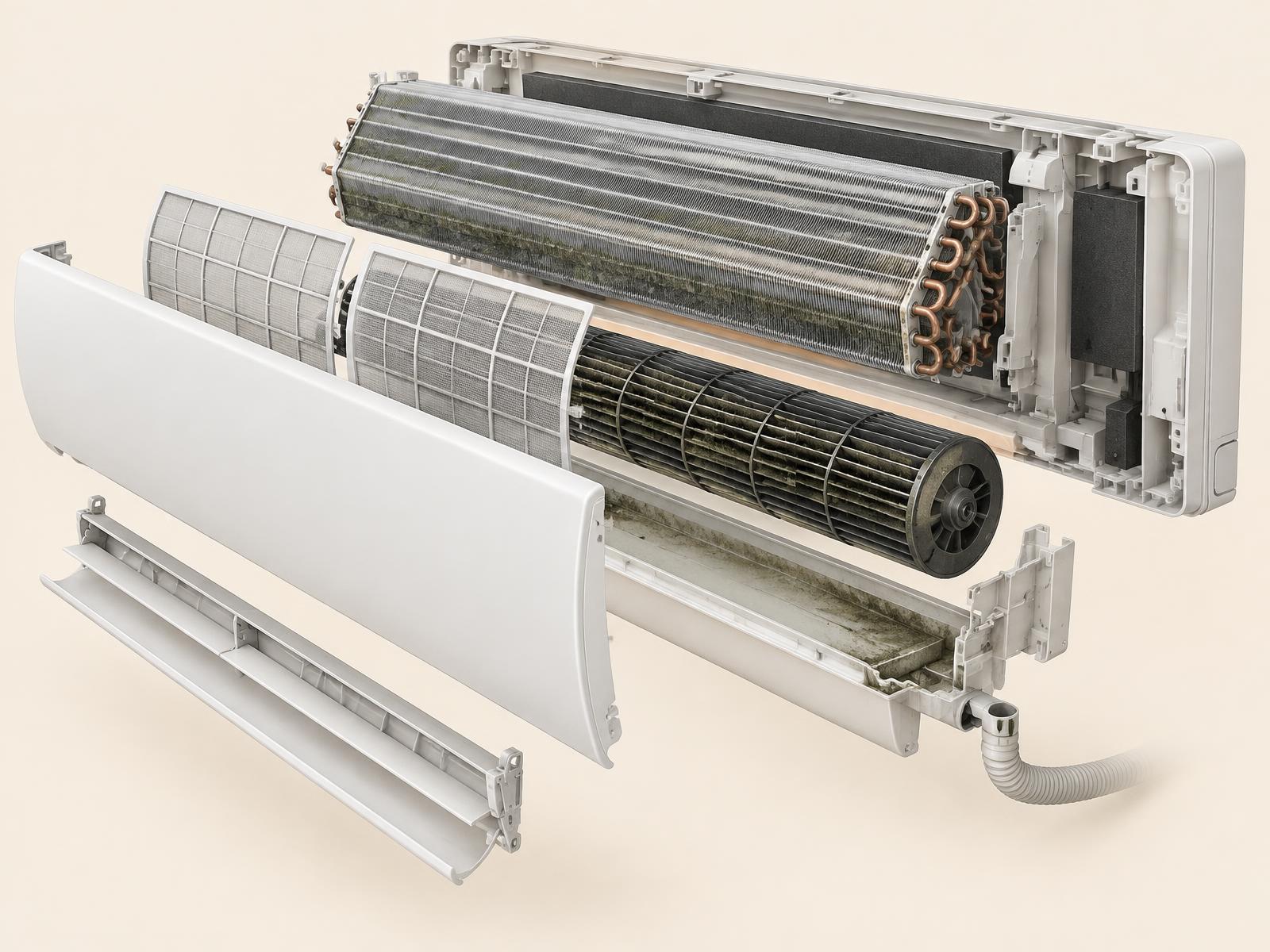 Pico X Health educational cutaway of a wall-mounted aircon showing filters, fins, blower wheel, drip pan and drainage path